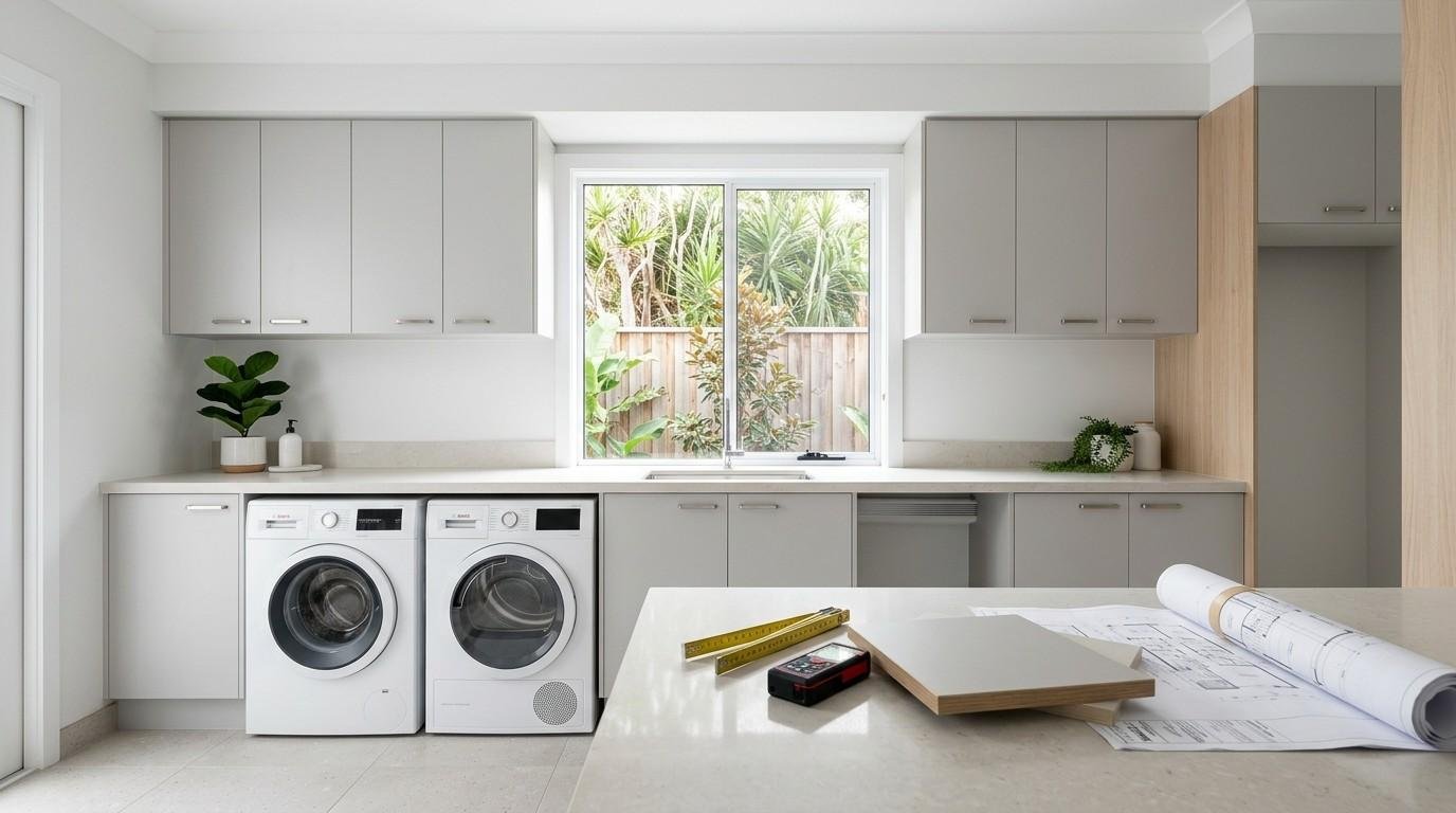 Australian laundry showing correctly planned overhead cabinets with proper appliance clearance and precise installation layout.