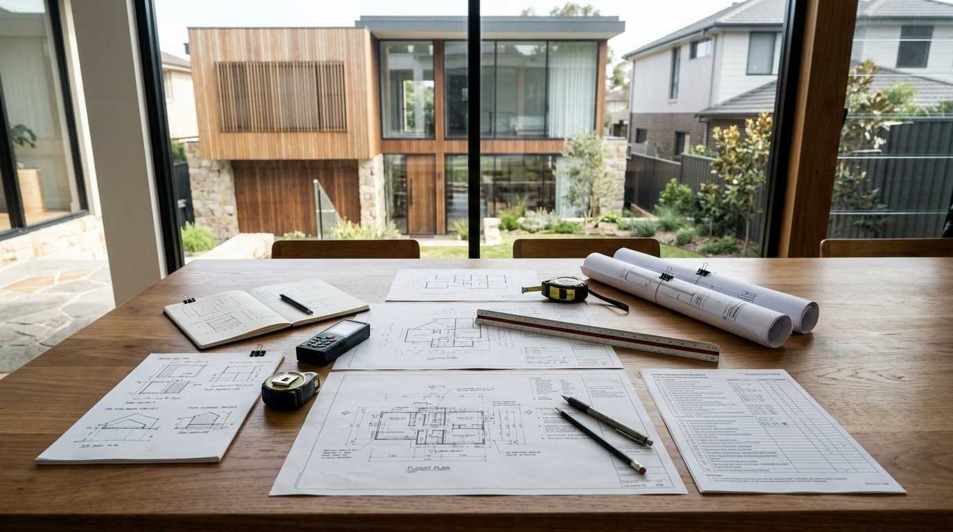 Architectural plans and compliance documents being reviewed for a Sydney CDC application before submission to ensure setback, height, and site coverage compliance.