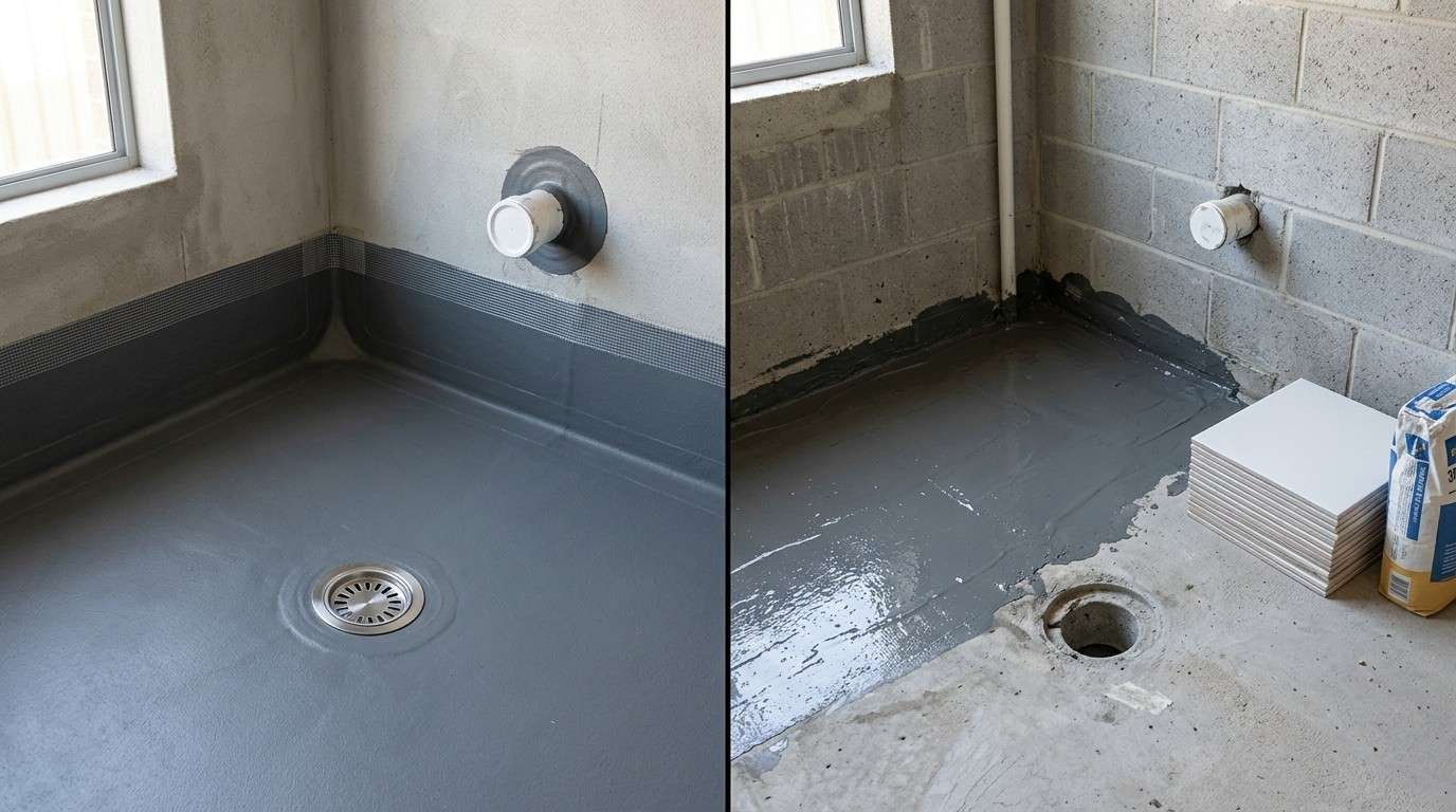 Comparison of correct and incorrect laundry waterproofing details showing coved corners, reinforced junctions, and proper membrane curing before tiling.