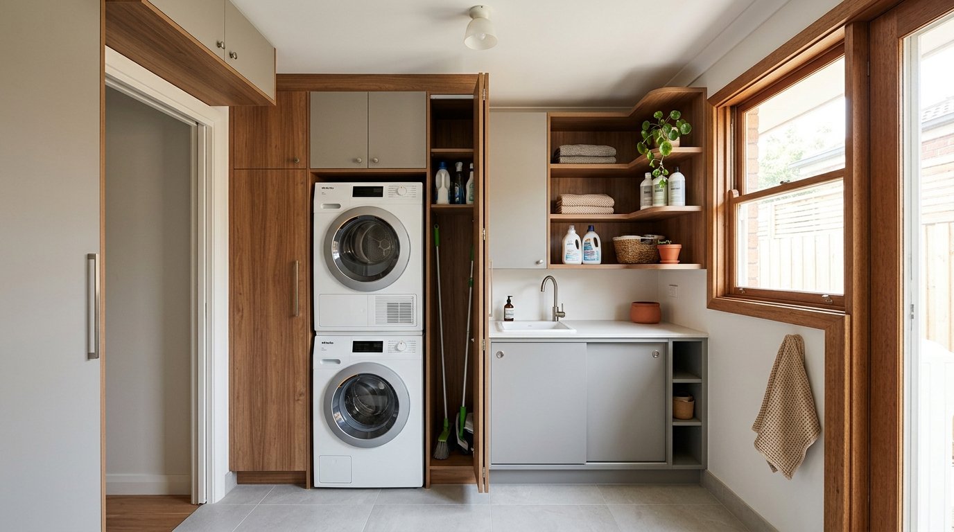 Compact Australian laundry featuring vertical cabinetry, stacked appliances, corner storage, and space-saving layouts that maximise every centimetre.