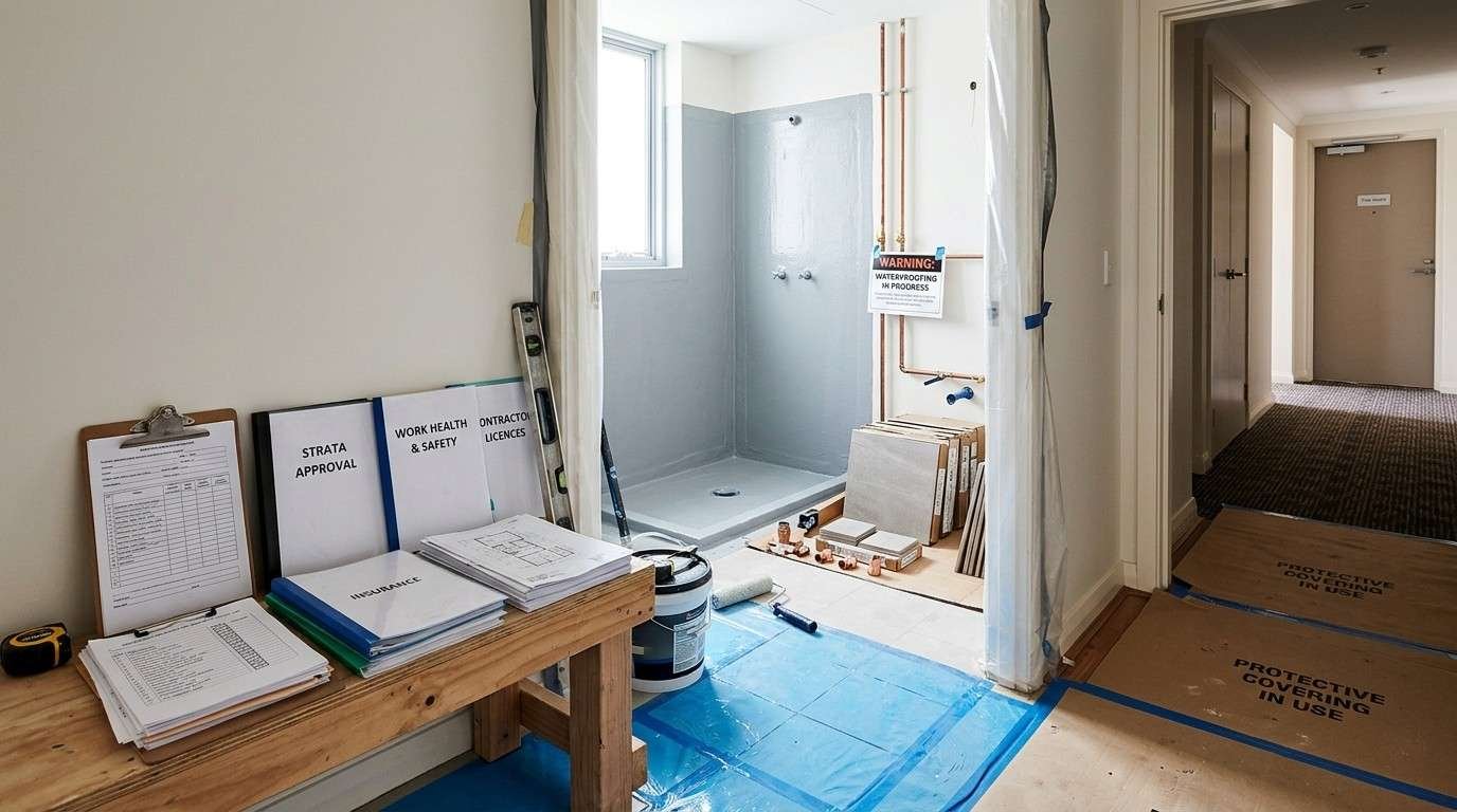 Sydney apartment bathroom renovation with documented waterproofing, approval paperwork, protective coverings, and organised construction materials illustrating compliance with strata renovation conditions.