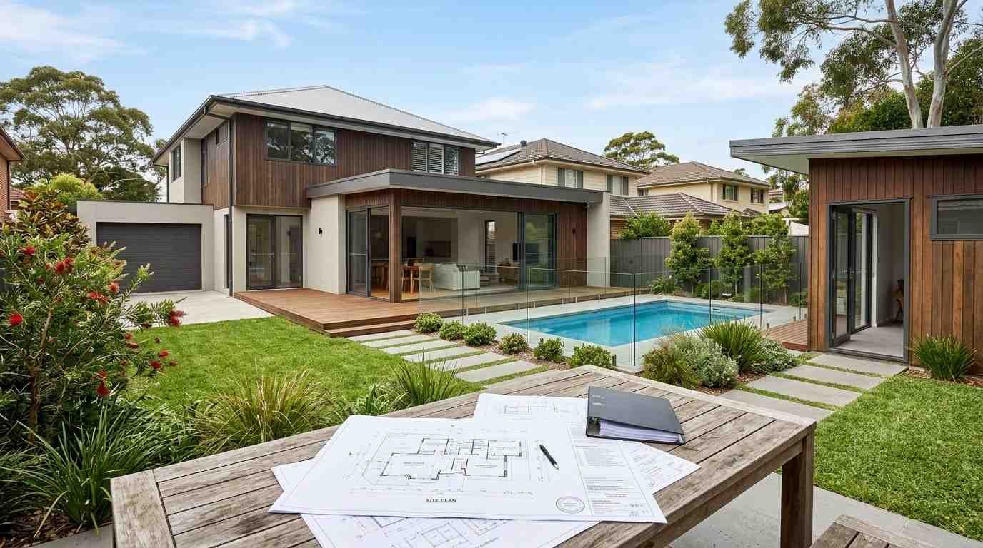 Modern Sydney home with a granny flat, extension, garage, and pool illustrating complying development project types.
