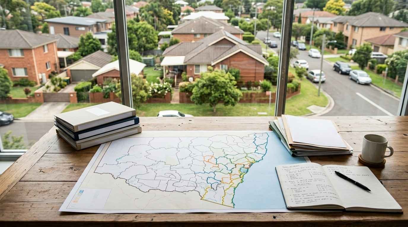 NSW property planning documents and council area map illustrating local short-term rental regulation differences.