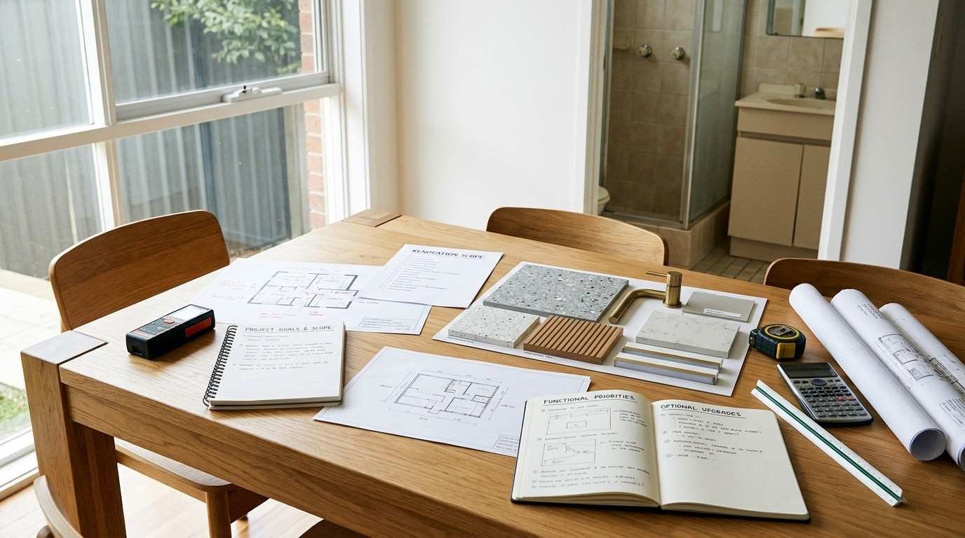 Sydney ensuite renovation planning workspace with floor plans, material samples, measuring tools, and project documents illustrating how to define renovation goals and scope before requesting contractor quotes.