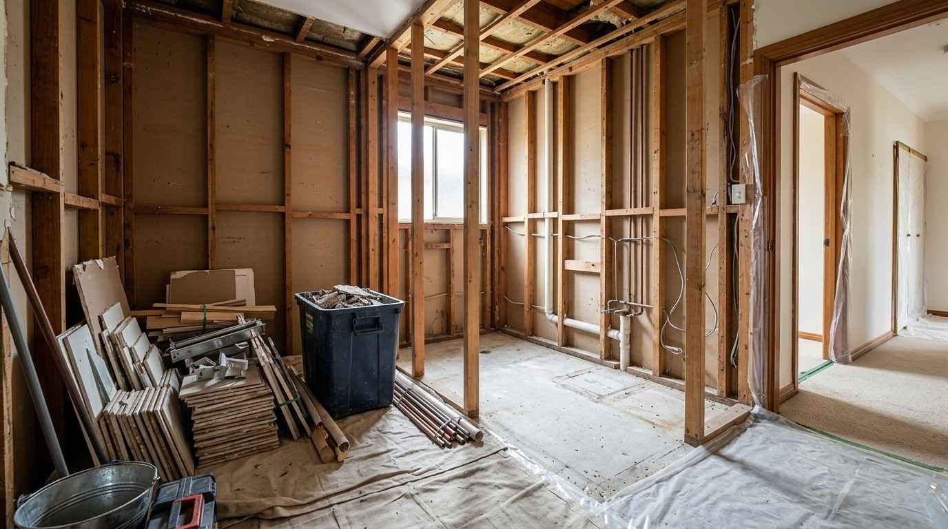 Sydney bathroom stripped back to its structural framing with fixtures and tiles removed, ready for the next stage of the renovation process.