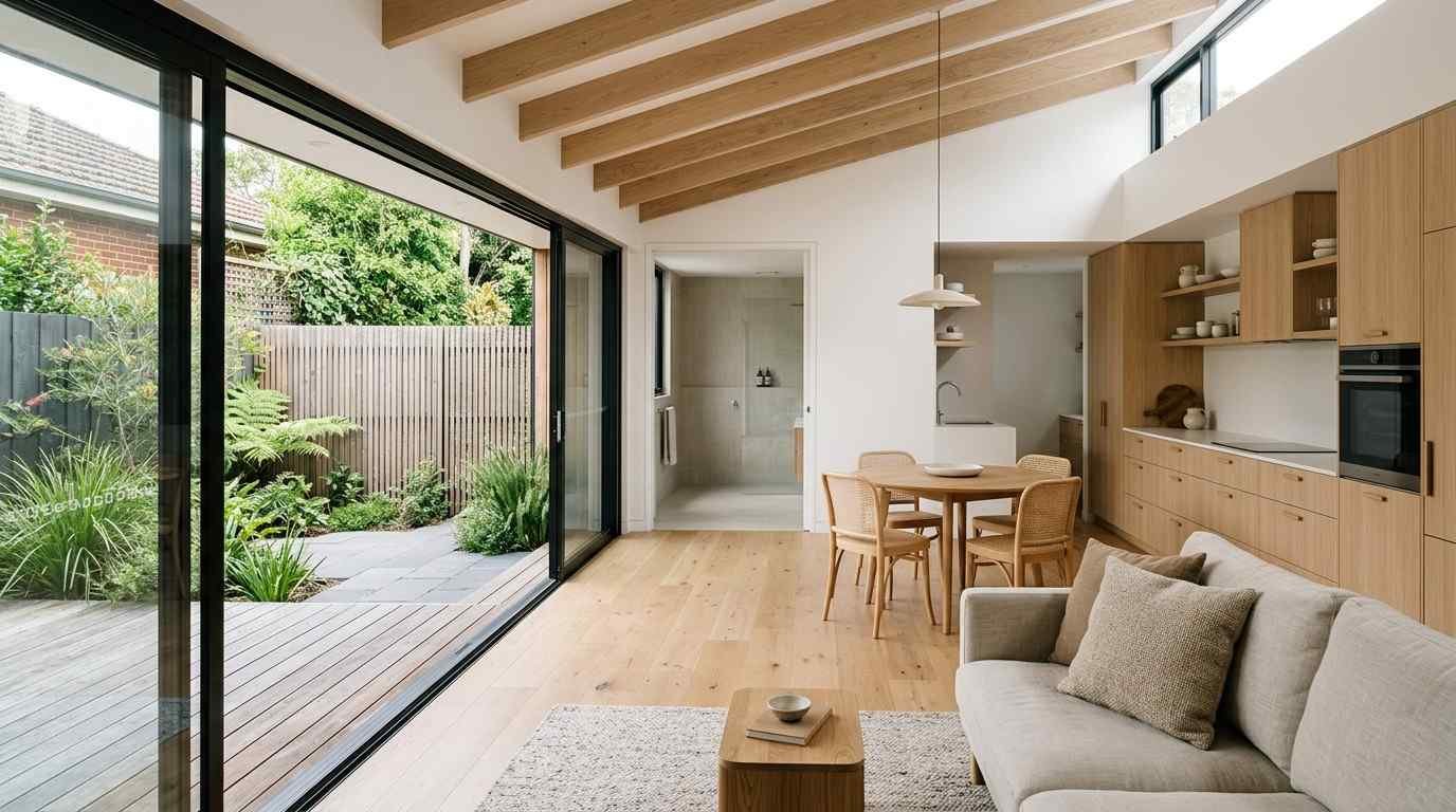 Modern Sydney secondary dwelling interior with open-plan design, natural light, accessible features, and a private courtyard.