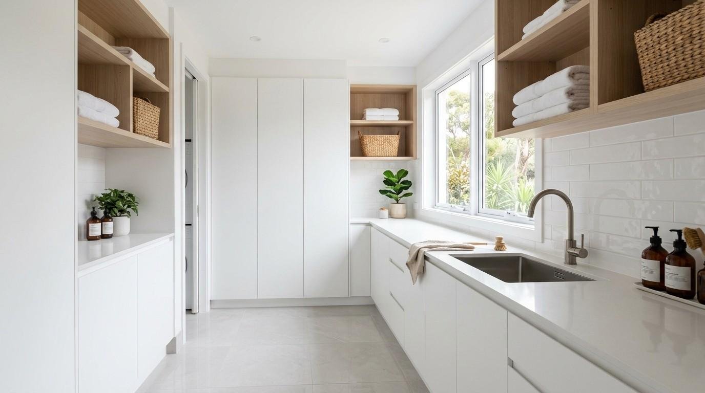 Small Australian laundry using light colours, handleless cabinetry, reflective finishes, and natural light to create a more spacious feel.