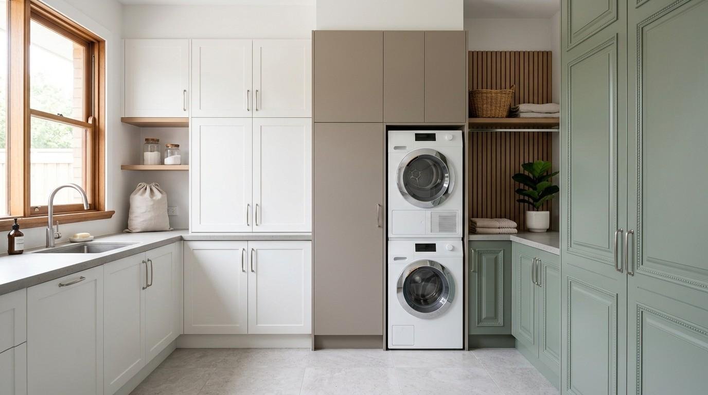 Australian laundry displaying Shaker, slab, and profile cabinet doors with contemporary matte finishes and custom joinery.