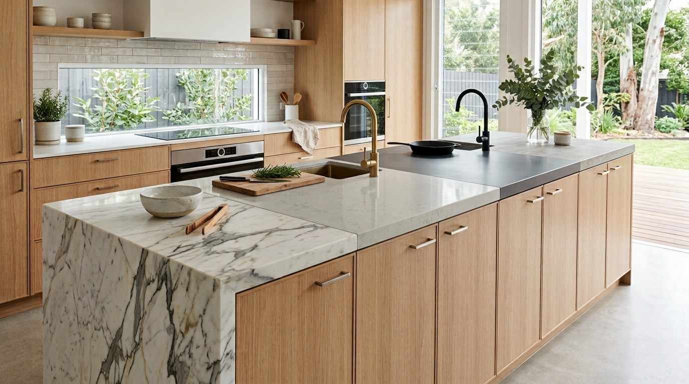 Contemporary Australian kitchen comparing engineered stone, laminate, porcelain, and natural marble benchtops to illustrate different renovation material options.