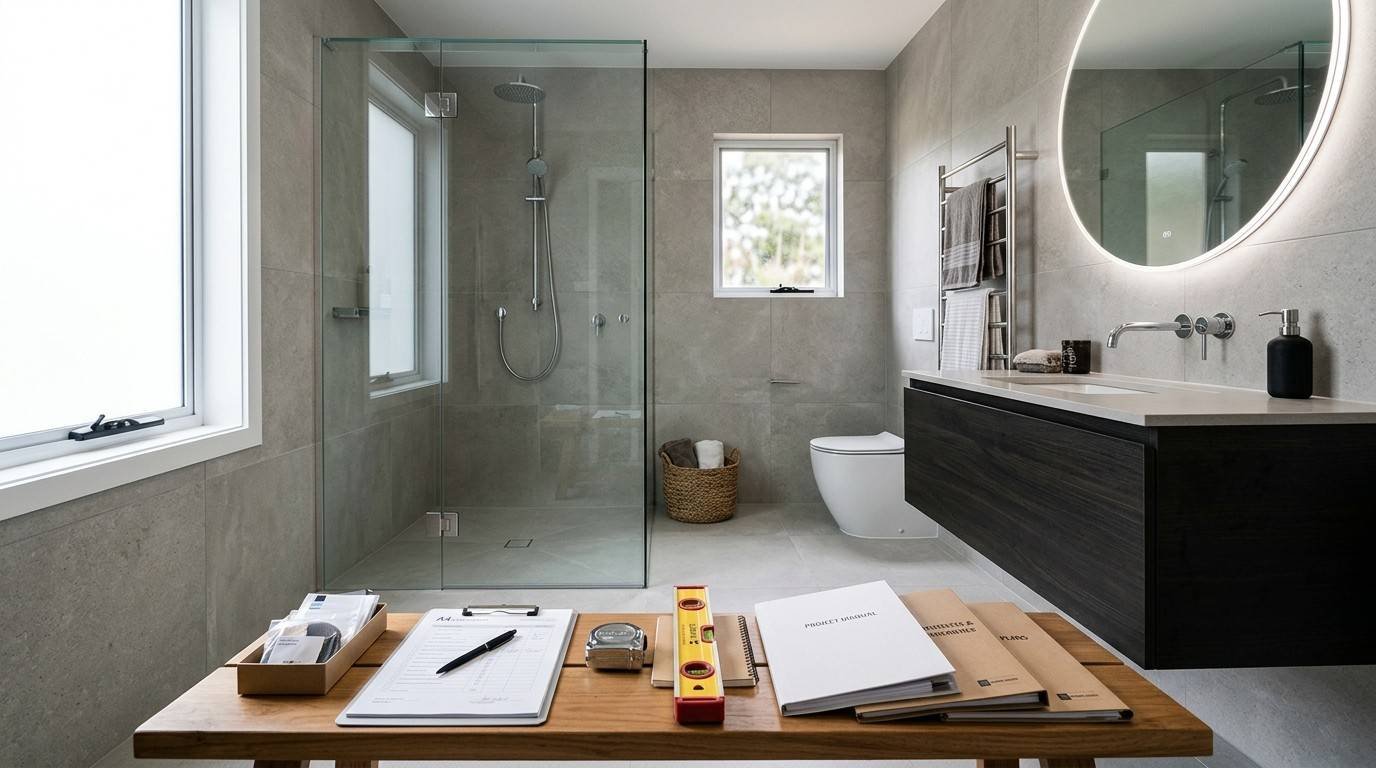 Completed Sydney bathroom awaiting final inspection with compliance documents, quality finishes, and professional workmanship ready for project handover.