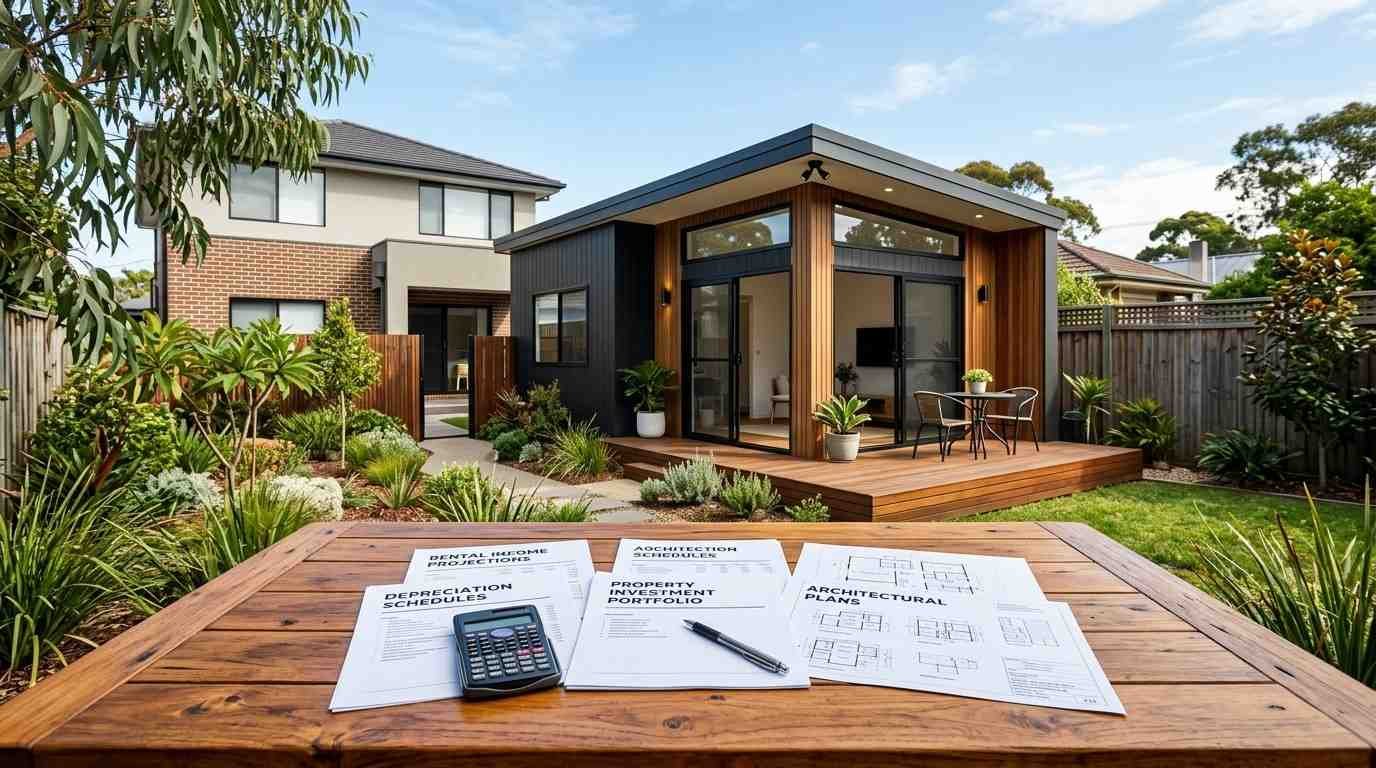 Modern Sydney granny flat with investment planning documents illustrating rental returns and long-term property value.