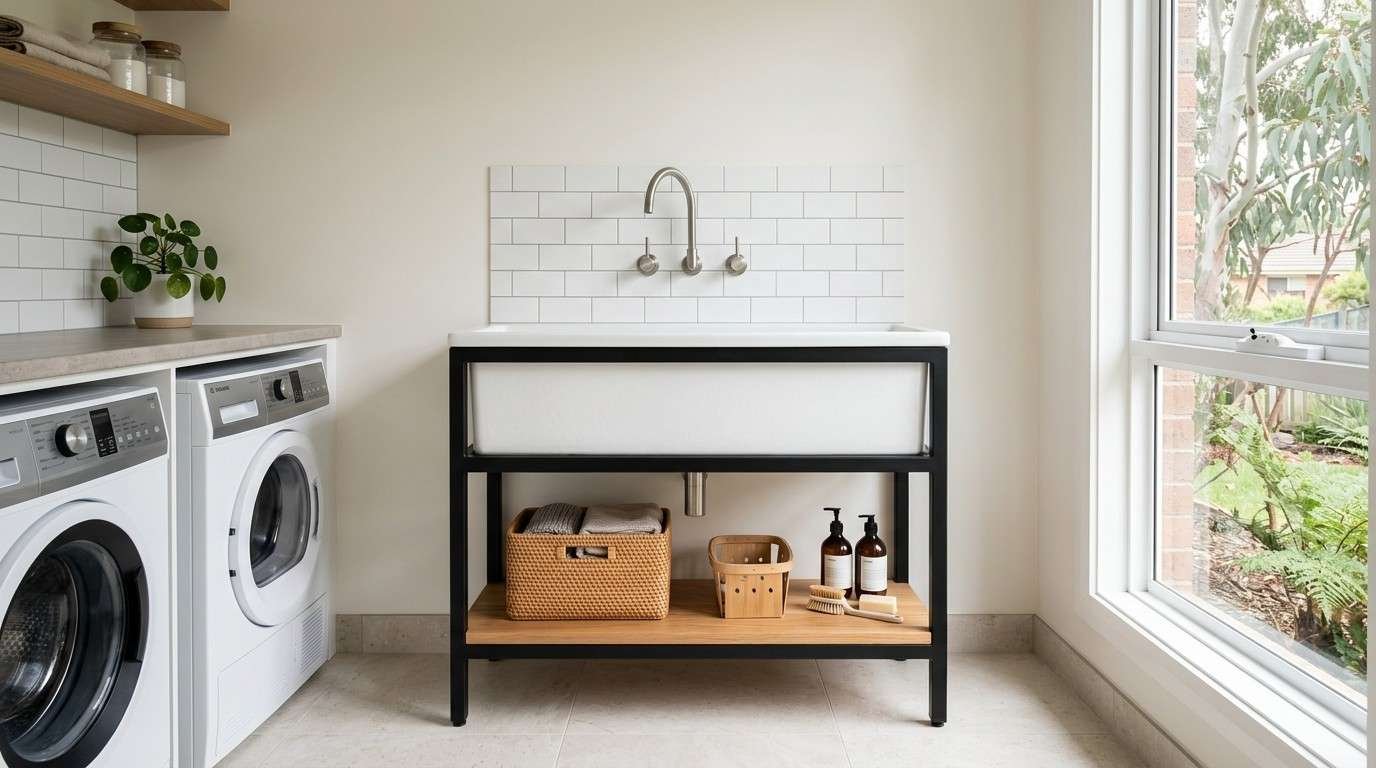 Freestanding laundry trough sink with exposed steel frame, timber shelf, and wall-mounted tap in a modern Australian utility laundry.