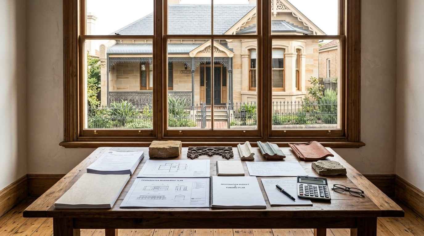 Heritage restoration planning workspace featuring architectural drawings, heritage conservation documents, restoration material samples, a calculator, and budget notes overlooking a historic sandstone home, illustrating grants, financial incentives, and planning support available for heritage-listed property restoration in Sydney.