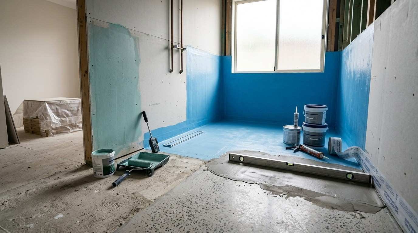 Sydney bathroom renovation showing substrate preparation, cured waterproof membrane, and inspection-ready wet areas before tiling begins, highlighting hidden waterproofing costs.