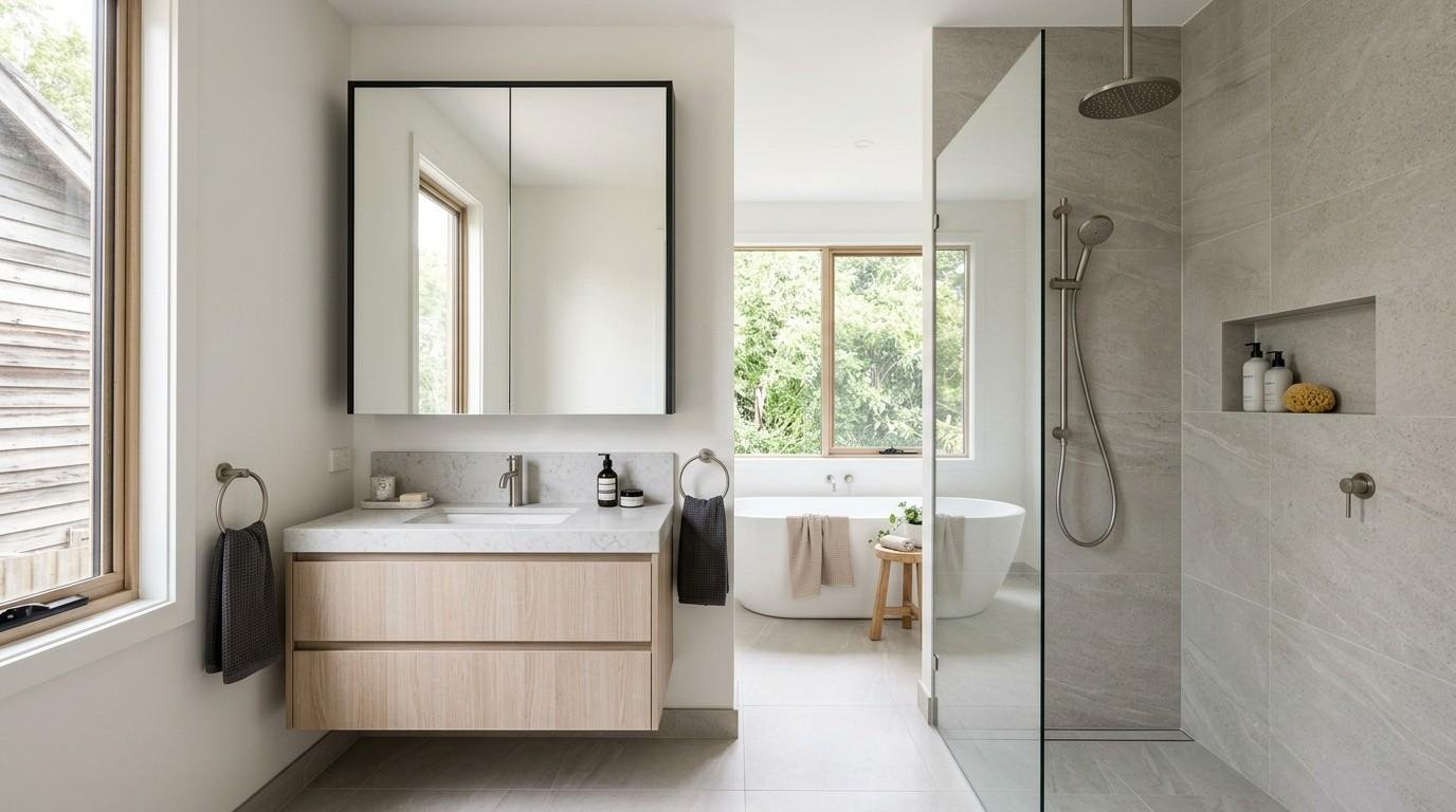 Modern Sydney ensuite featuring large-format porcelain tiles, a wall-hung vanity, premium tapware, frameless shower, and coordinated materials designed for durability, storage, and contemporary style.