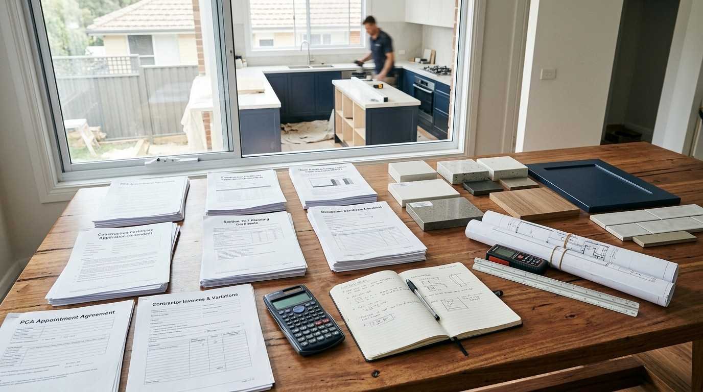 Sydney kitchen renovation budgeting workspace with permit documents, certifier paperwork, project budgets, and approval records illustrating hidden permit-related costs before project completion.