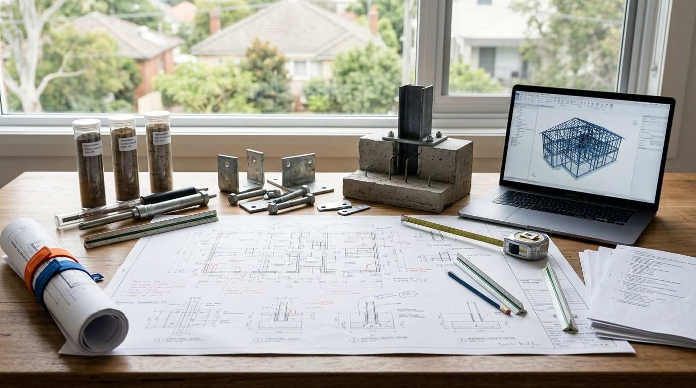 Residential structural engineering planning workspace with soil samples, engineering drawings, and foundation details highlighting hidden project costs.
