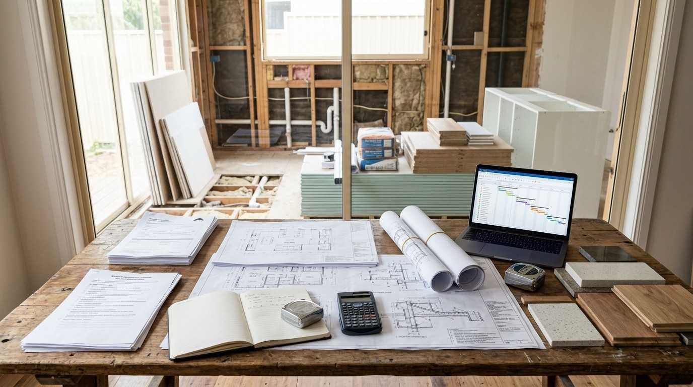 Sydney kitchen renovation planning with permit documents, project schedules, and construction plans illustrating the approval process and timelines before work begins.