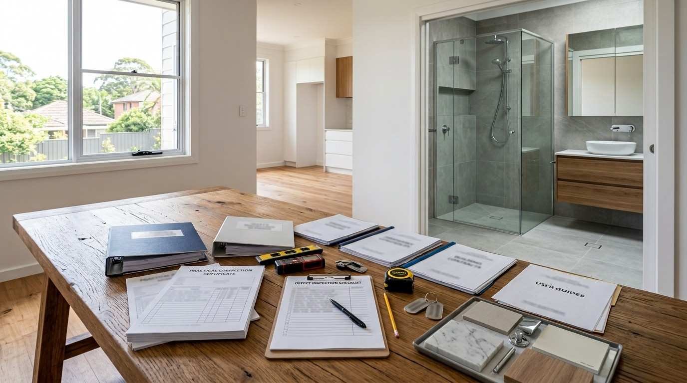 Completed Sydney bathroom with handover documents, inspection reports, and warranty paperwork prepared at practical completion before the defects liability period begins.