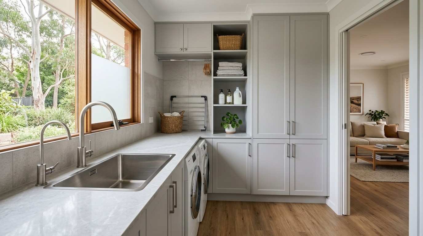 High-quality Australian laundry renovation with integrated cabinetry and premium finishes designed to improve property value and buyer appeal.