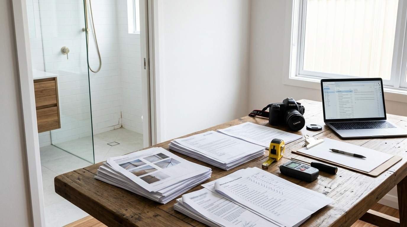 Sydney bathroom renovation defect documentation with inspection reports, photographs, warranty papers, and evidence prepared for a formal building defects claim.