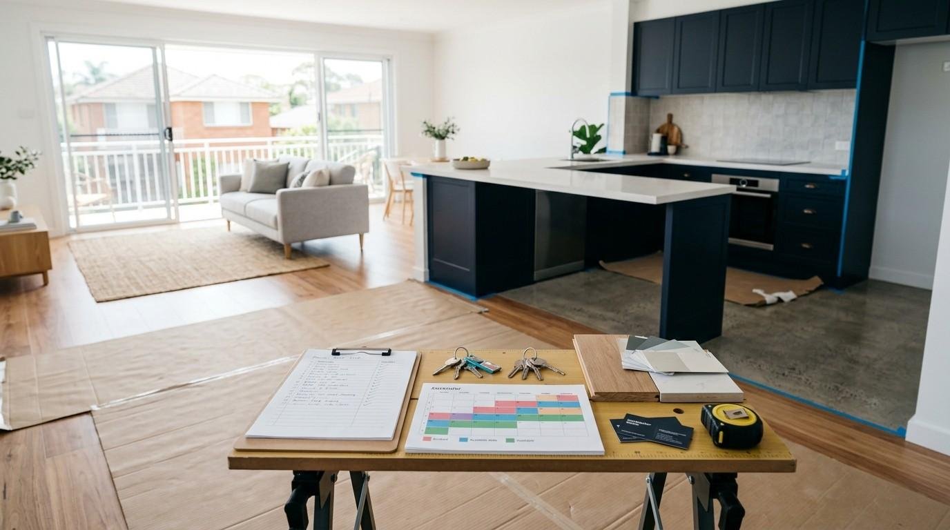 Professionally managed Airbnb renovation nearing completion with organised project planning to minimise booking downtime.