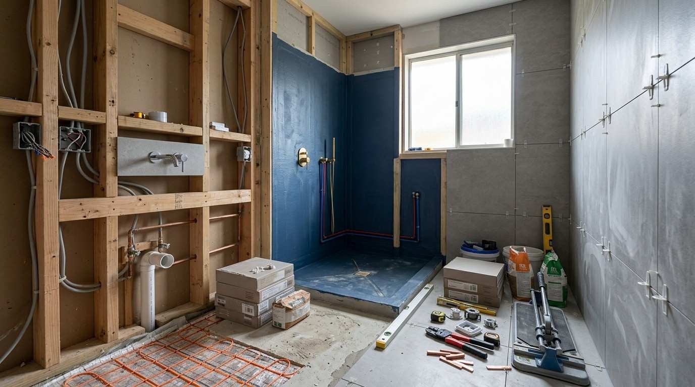 Sydney ensuite renovation showing coordinated tiling, waterproofing, plumbing, electrical rough-ins, and organised construction materials before final fixture installation.