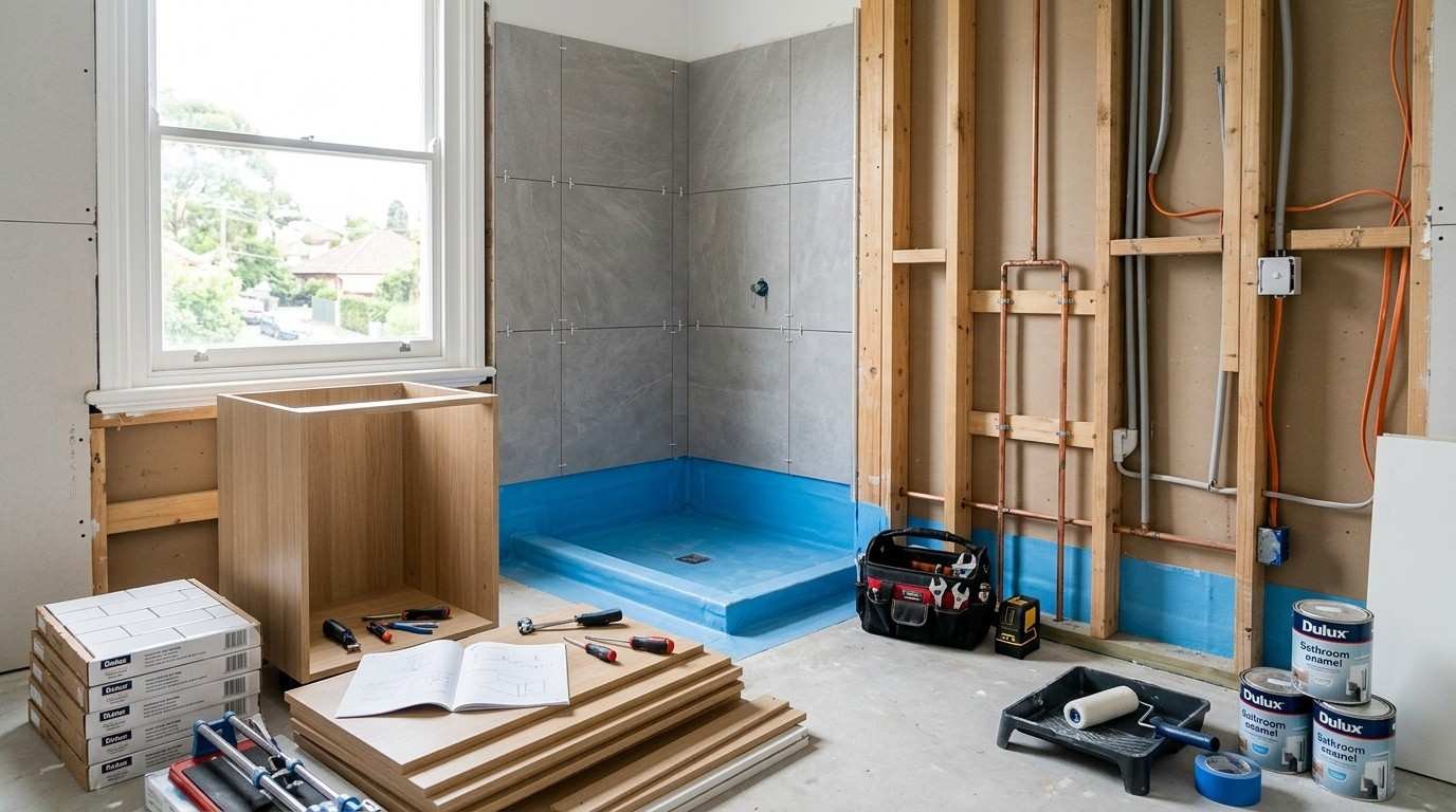 Sydney bathroom renovation showing DIY cosmetic upgrades alongside licensed plumbing, waterproofing, and electrical work requiring professional installation.