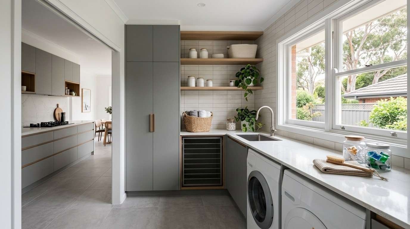 Premium Australian laundry renovation with integrated storage, quality finishes, and functional design that enhances home value.