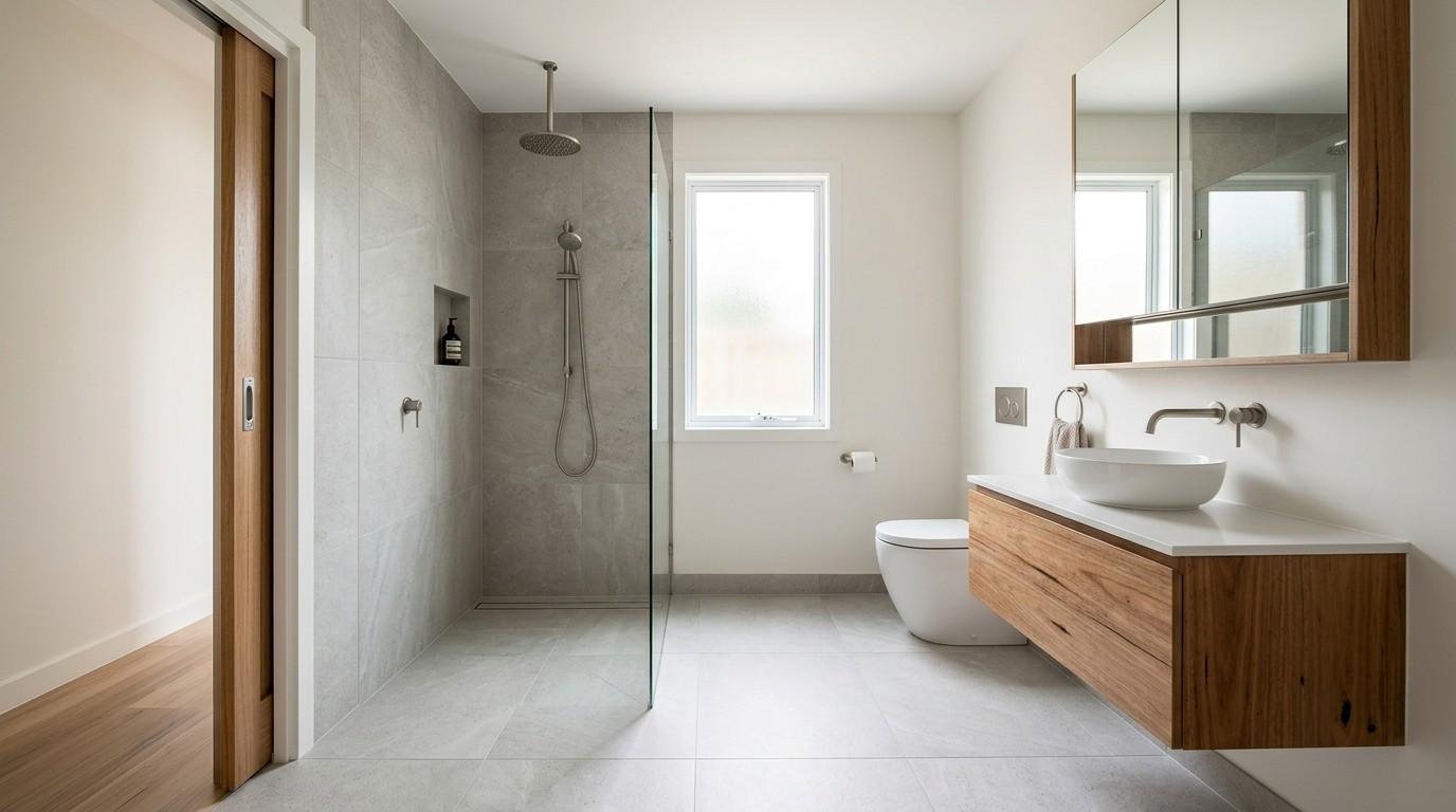 Compact Sydney ensuite with a wall-hung vanity, pocket door, frameless walk-in shower, and linear drain illustrating a space-efficient layout for a small bathroom renovation.