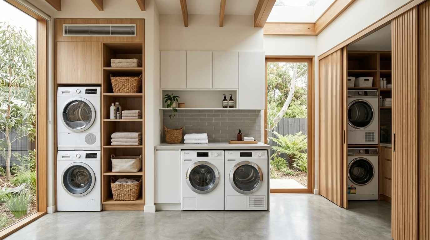 Compact Australian laundry layouts featuring stacked appliances, side-by-side configuration, and a concealed laundry nook with smart storage.