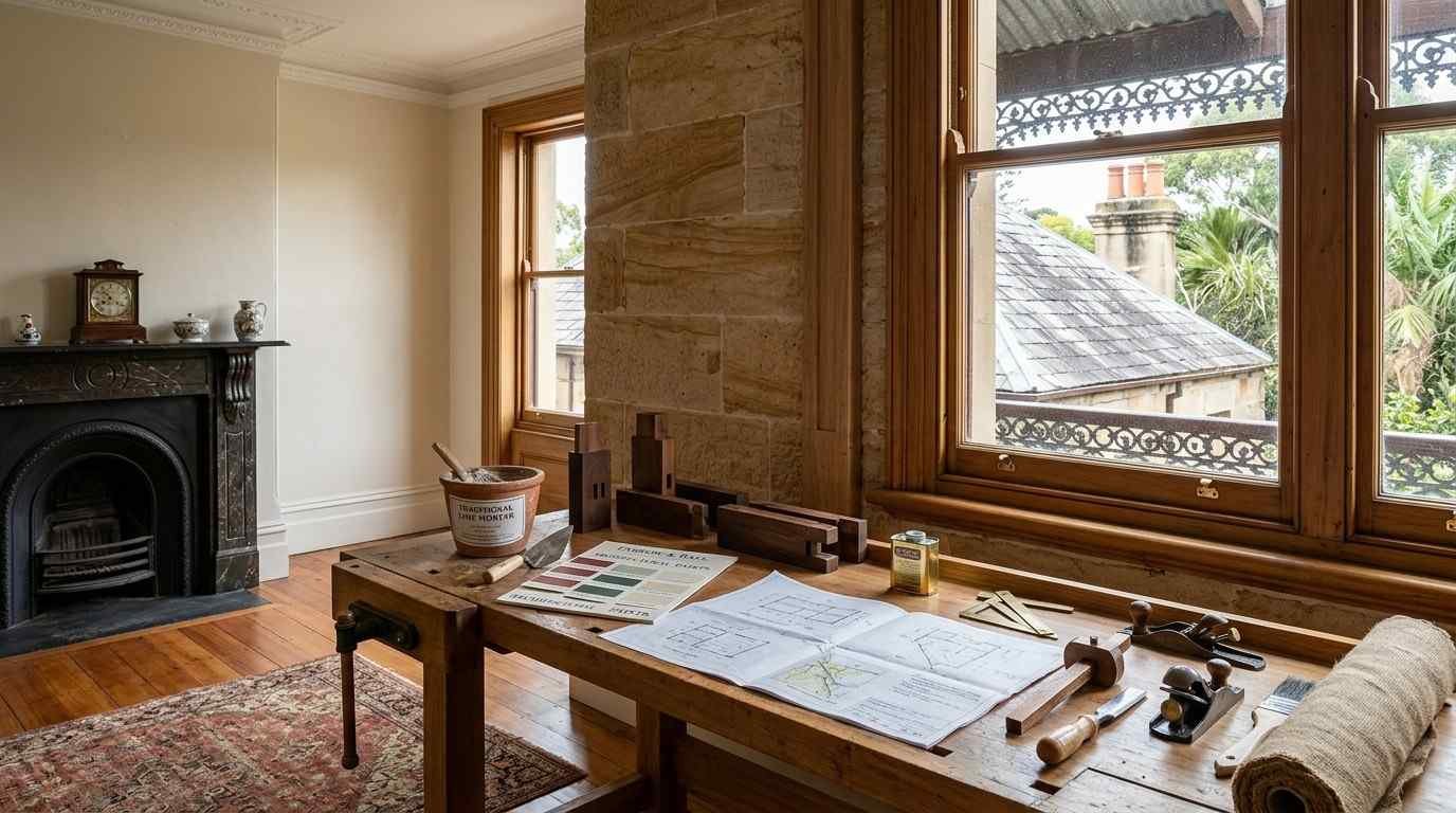 Traditional maintenance materials and conservation plans inside a well-preserved Sydney heritage-listed Victorian home.