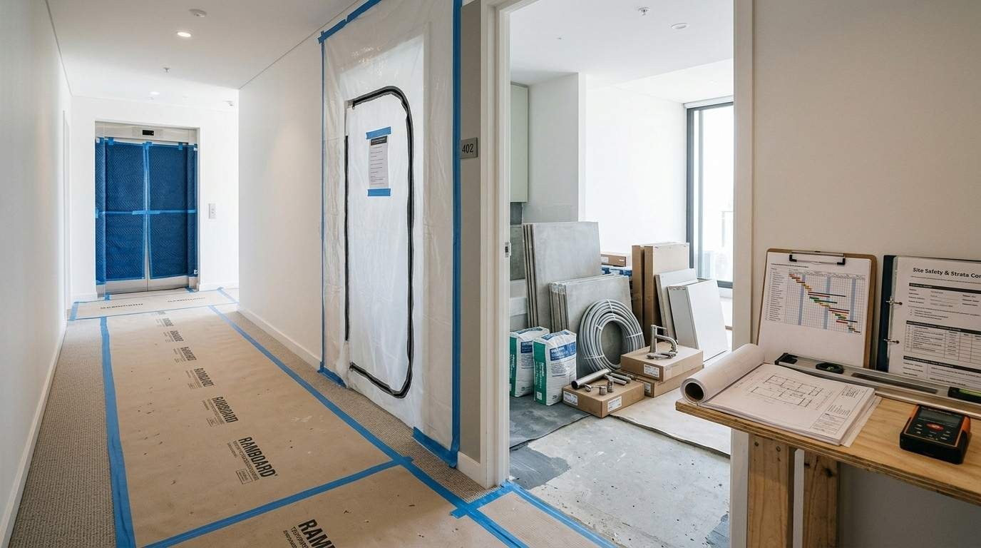 Sydney apartment bathroom renovation with protected common areas, organised construction materials, and project documentation illustrating professional strata renovation management and common property protection.