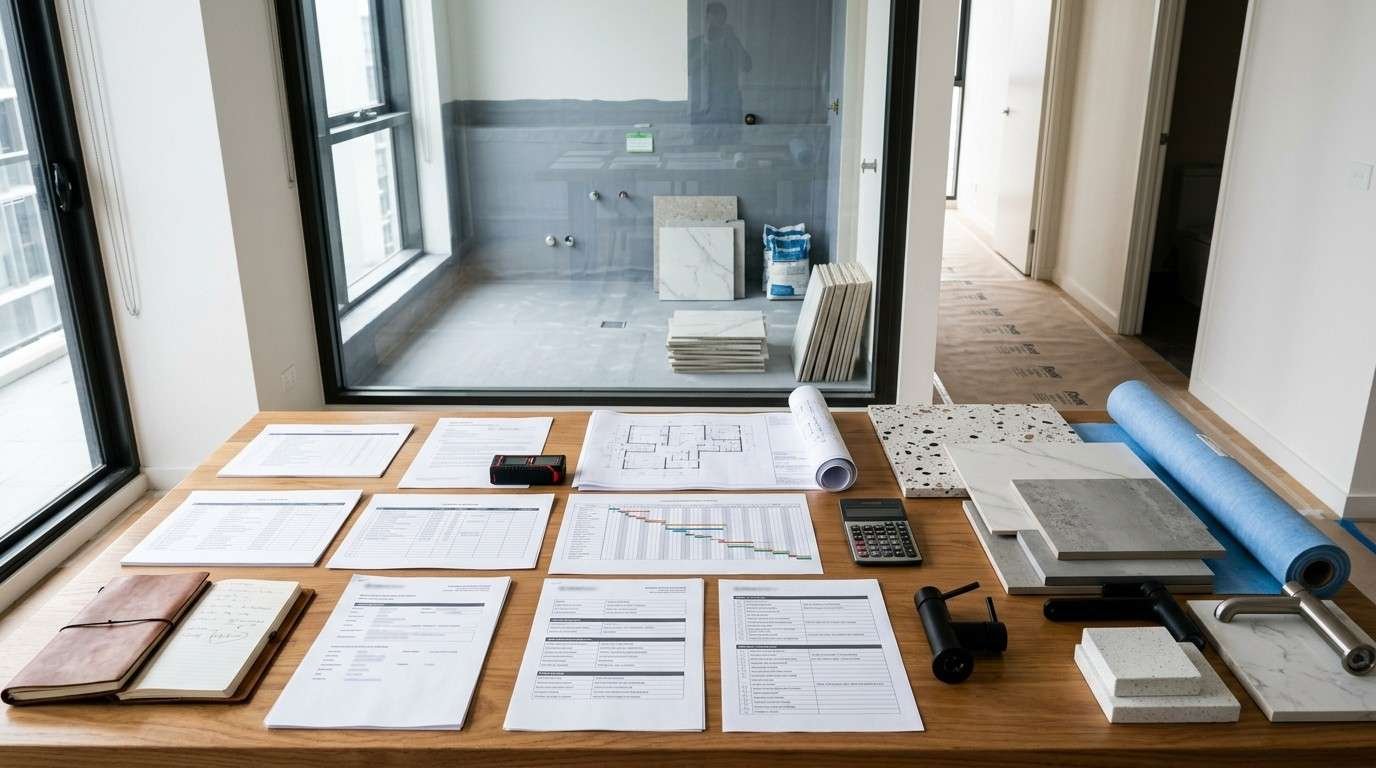 Sydney apartment bathroom renovation planning workspace with trade schedules, strata approval documents, waterproofing inspection records, and staged materials illustrating coordinated renovation timelines in a strata building.