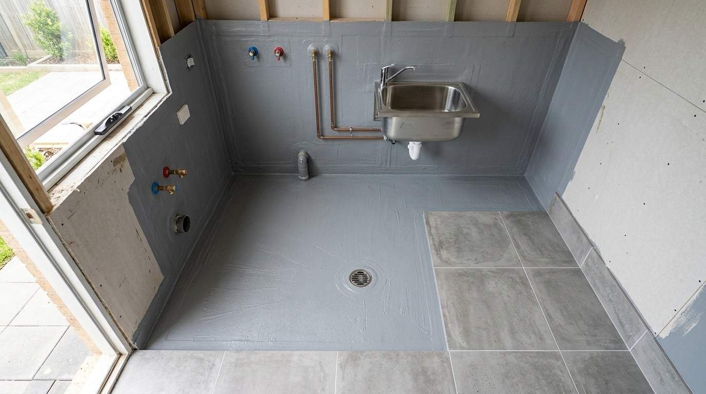 Australian laundry showing mandatory waterproofing zones around floors, walls, drains, laundry tub, and washing machine area before tiling.