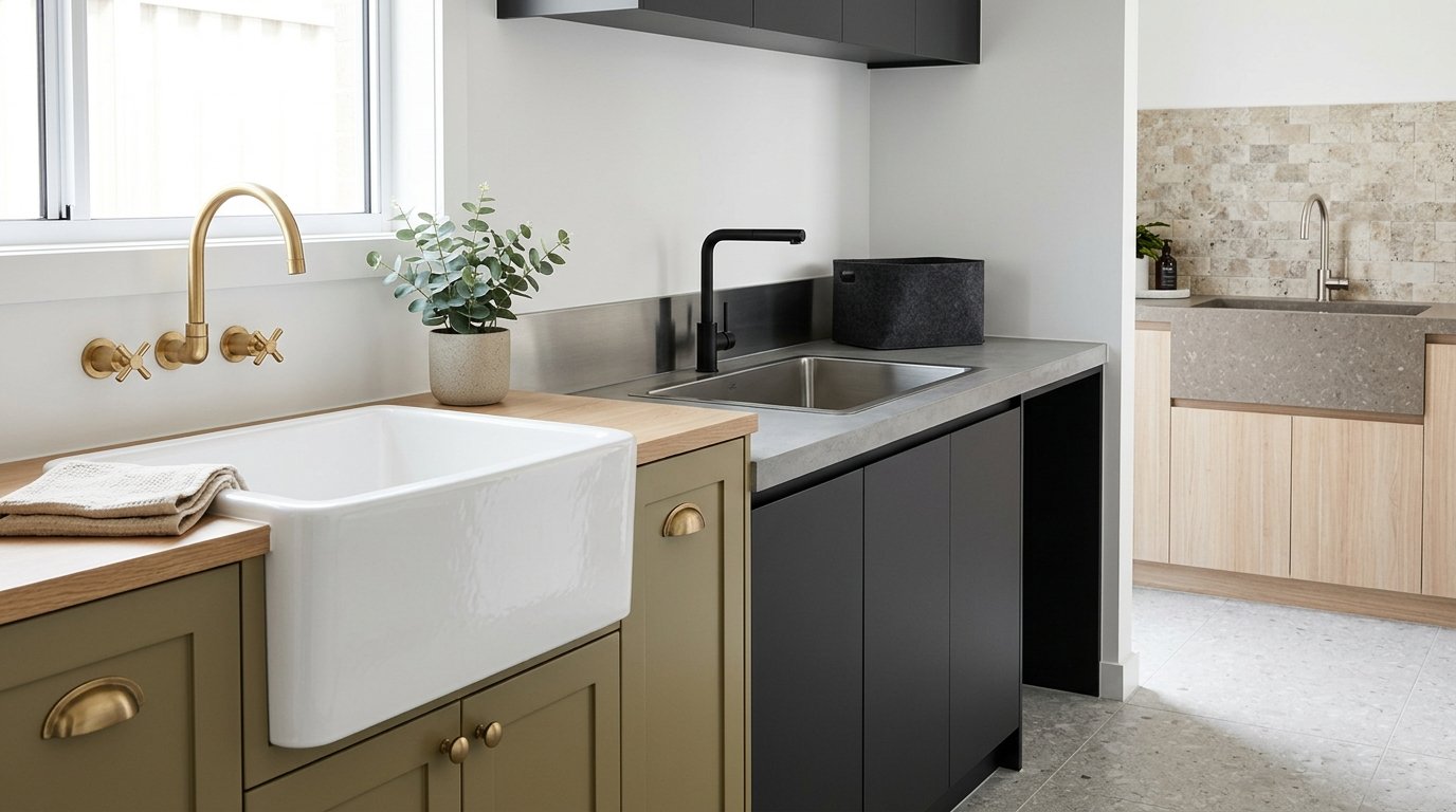 Australian laundry featuring fireclay, stainless steel, and stone-look trough sinks with premium contemporary finishes.
