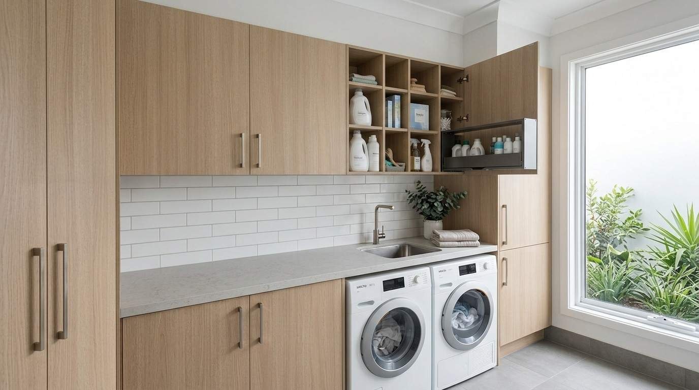 Australian laundry overhead cabinets with adjustable shelving, pull-down storage, and organised internal fit-outs for efficient everyday use.