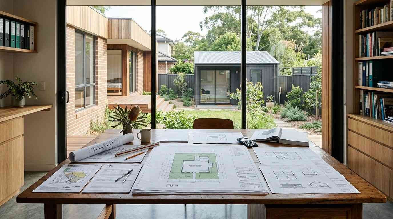 Secondary dwelling plans and approval documents for CDC and DA pathways beside a compliant Sydney granny flat.