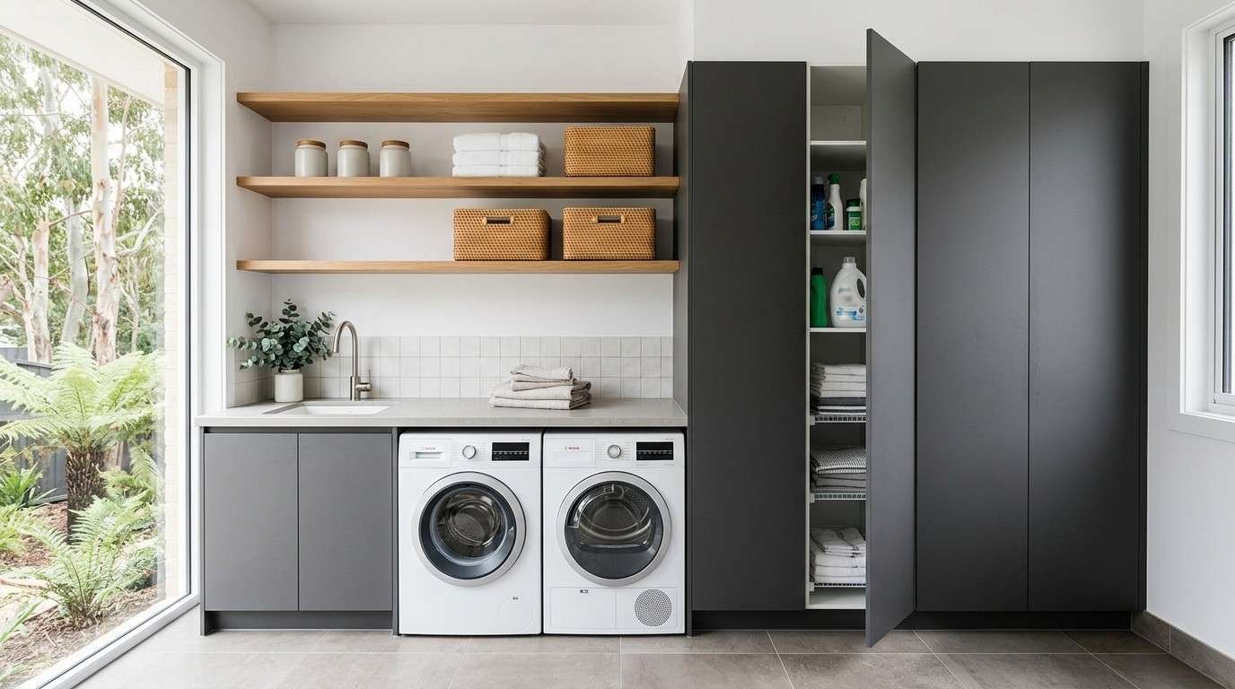 Australian laundry combining floating shelves, concealed cabinets, adjustable shelving, and ventilated storage for a clean, organised space.