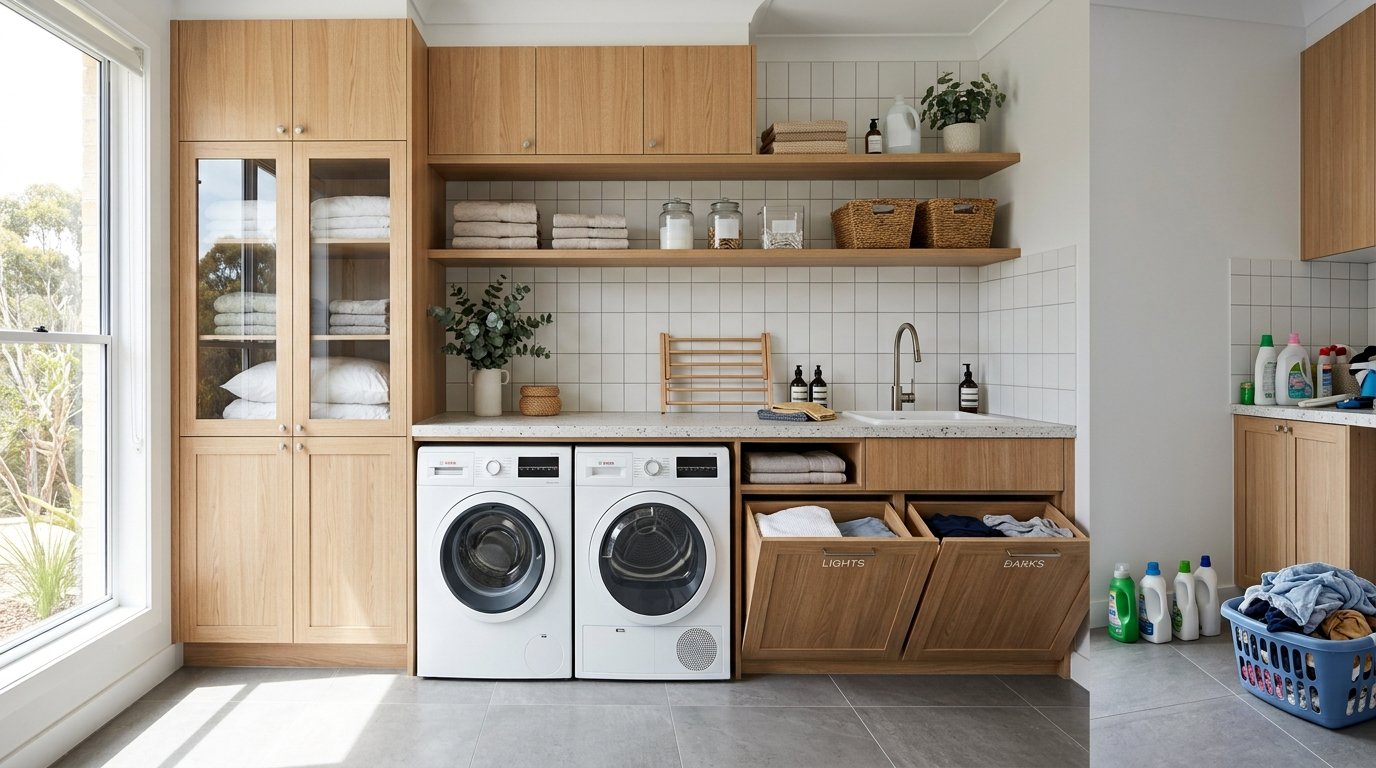 Organised Australian laundry demonstrating how smart cabinet and shelving design improves workflow, storage, and everyday functionality.