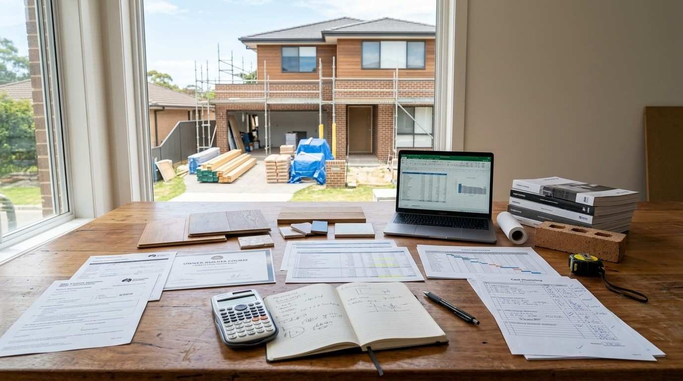 Sydney owner-builder budgeting workspace with permit documents, project cost estimates, subcontractor quotes, and renovation plans illustrating the full financial considerations of managing a residential build.