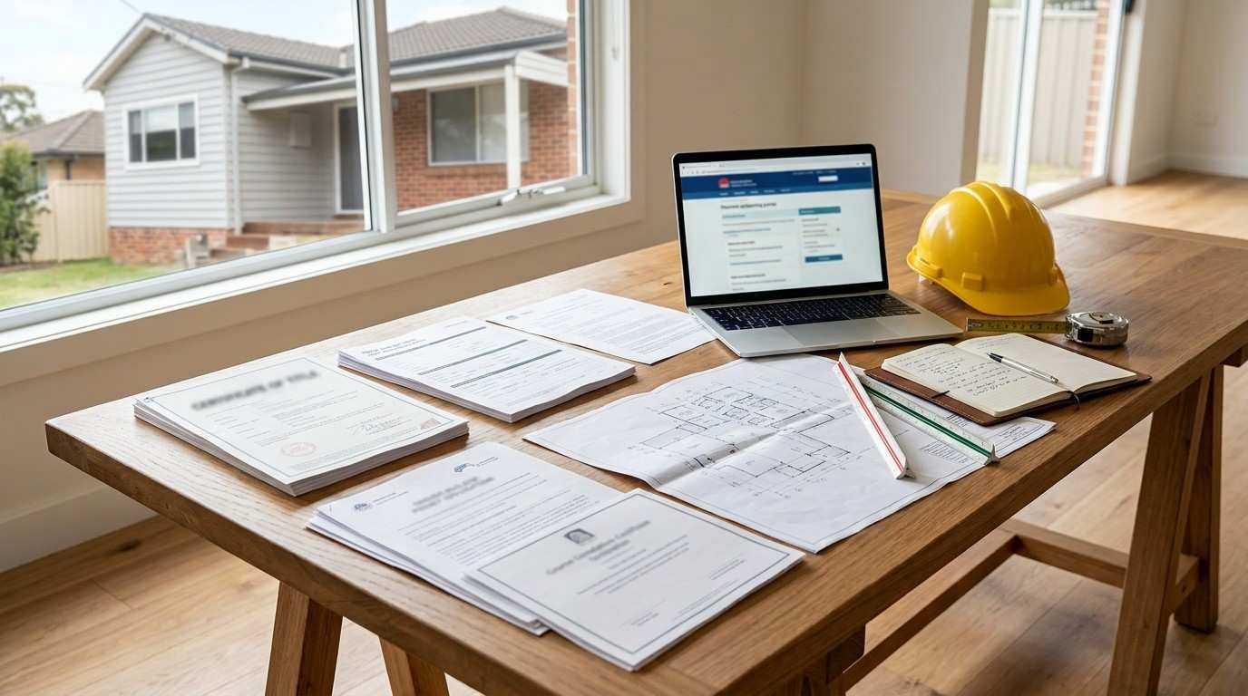 Owner-builder permit application documents, property records, renovation plans, and training paperwork prepared before a Sydney residential renovation project begins.