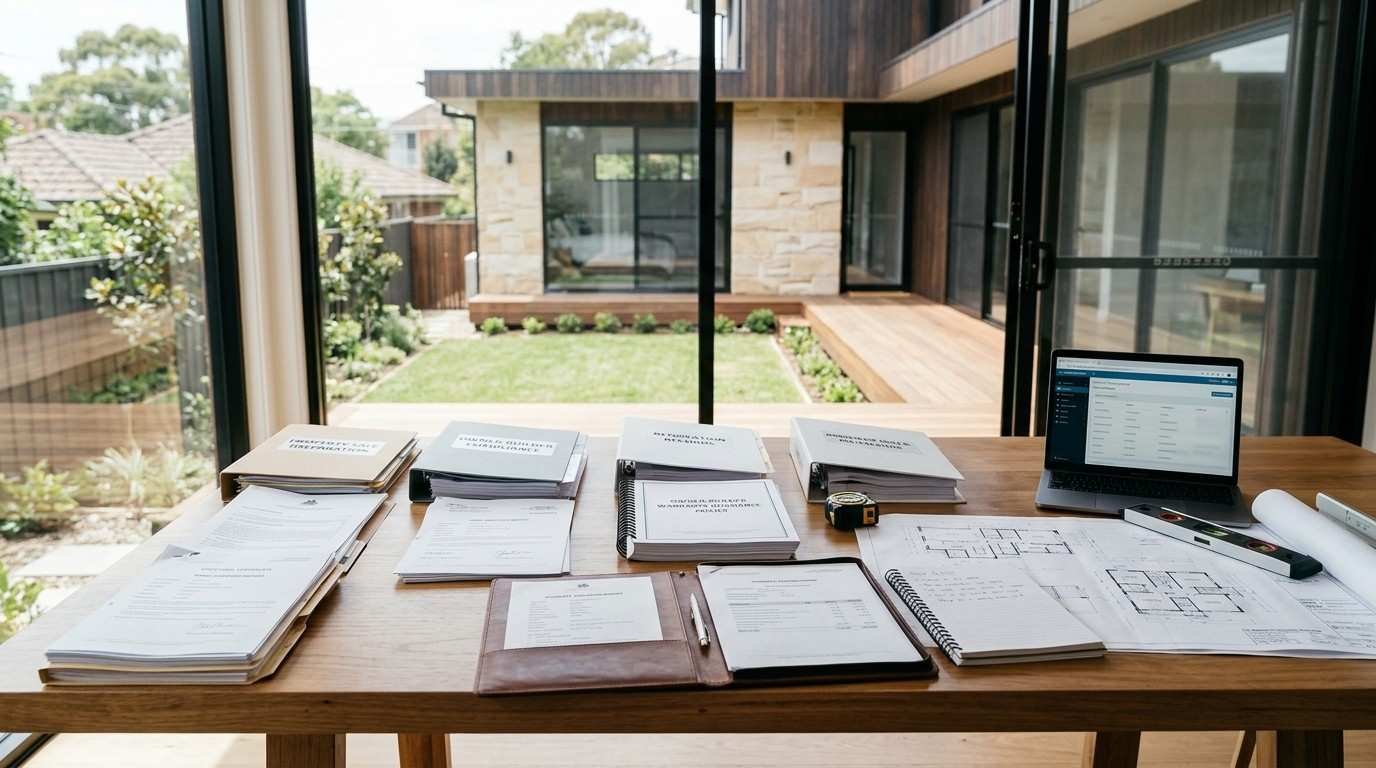 Sydney property sale preparation with renovation records, compliance documents, and inspection paperwork highlighting owner-builder disclosure and resale readiness.