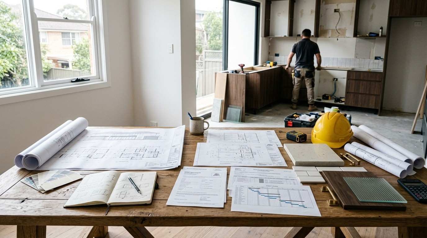 Sydney kitchen renovation planning with design documents, permit paperwork, project schedules, and construction plans illustrating the timeline from approvals to completed renovation.