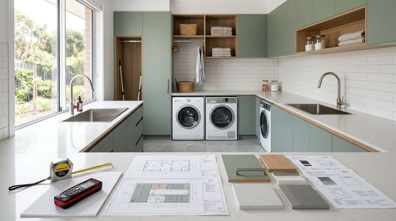 Australian laundry cabinet planning with layout drawings, appliance coordination, and custom storage design for an efficient renovation.