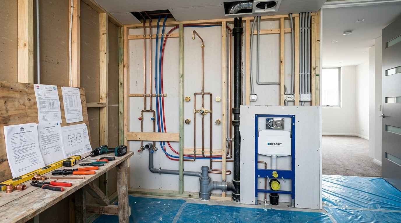 Sydney apartment bathroom renovation showing licensed plumbing and electrical rough-ins, compliance documents, and organised construction materials before wall lining and tiling.