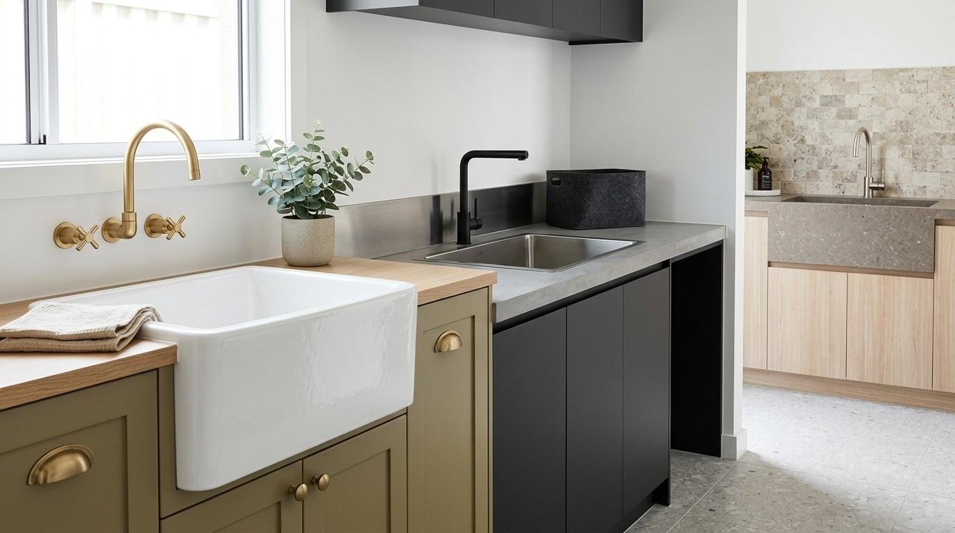 Modern Australian laundry with offset-drain trough sink, seamless stone splashback, and durable waterproof finishes for everyday practicality.