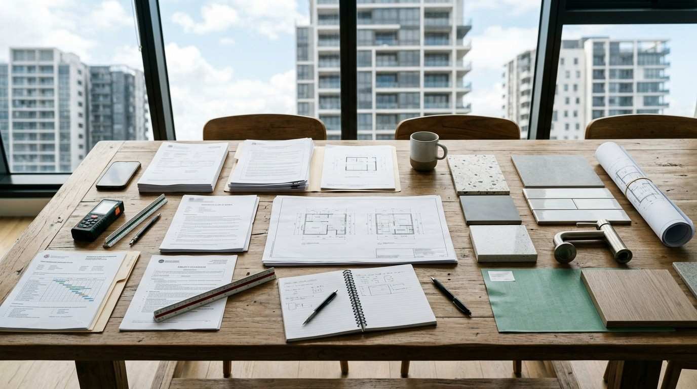 Sydney apartment bathroom renovation application with renovation plans, waterproofing documents, contractor licences, insurance paperwork, and strata approval documents prepared before submission.
