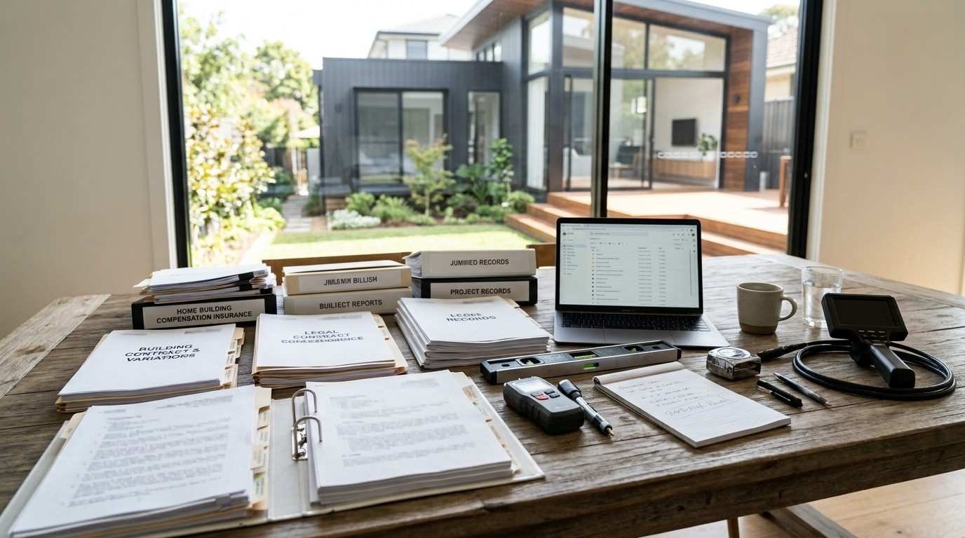 Sydney homeowner workspace with insurance documents, building reports, legal paperwork, and inspection tools illustrating financial and legal protection during residential building disputes.