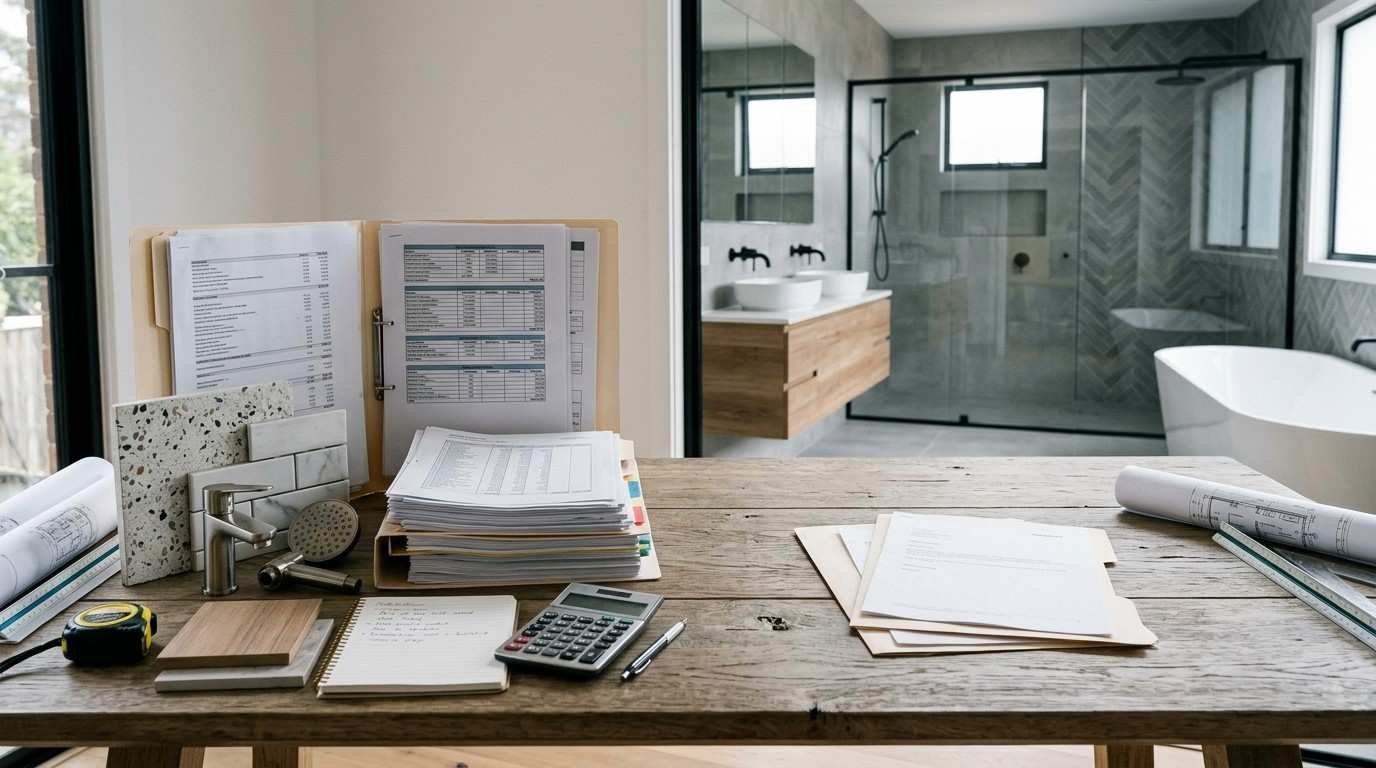 Sydney bathroom renovation quote comparison showing detailed contractor documentation, material samples, and transparent cost breakdowns for evaluating renovation proposals.